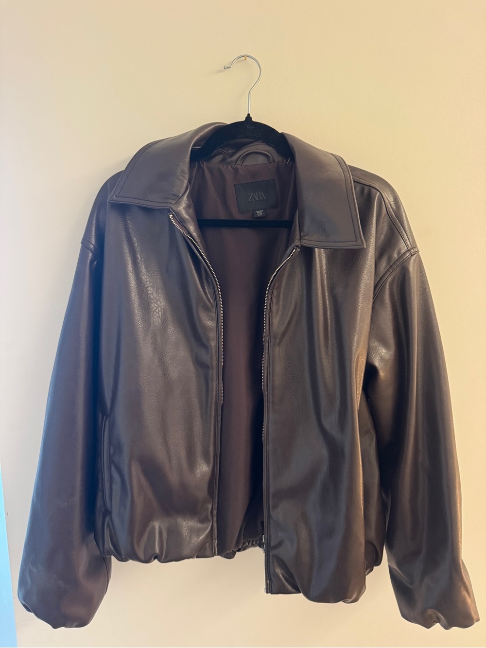 Zara Women’s Dark Brown Leather Bomber Jacket